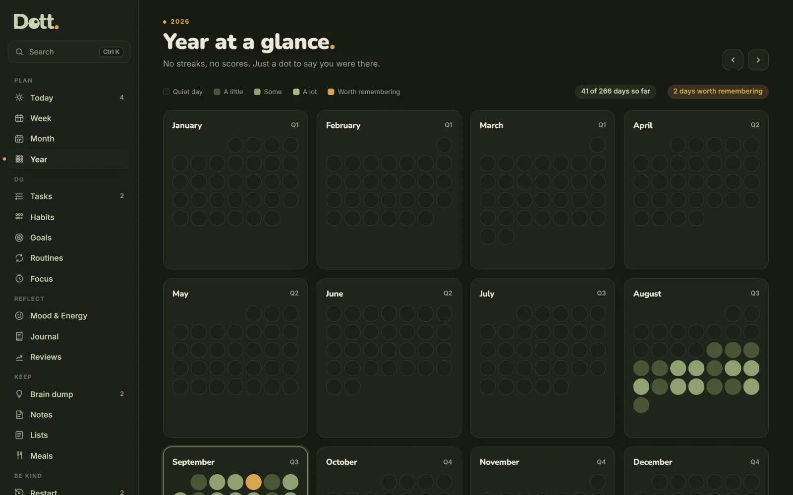 Year view in dark mode