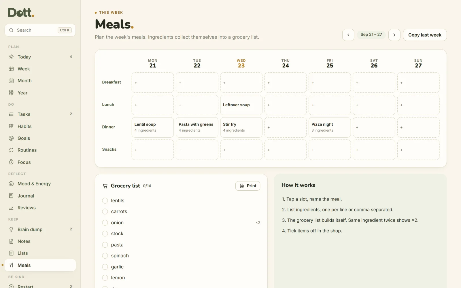 Meal planner with grocery list