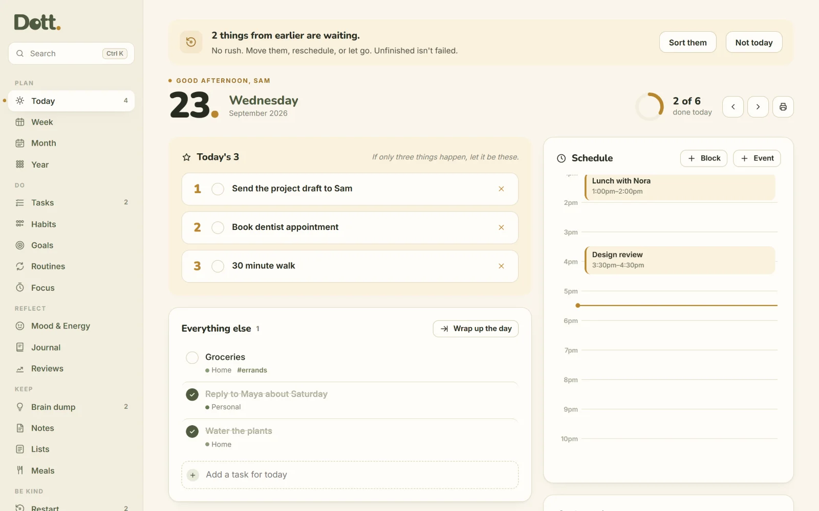 The Today page of Dott.: Today's 3, the day's tasks, a schedule and a mood check-in
